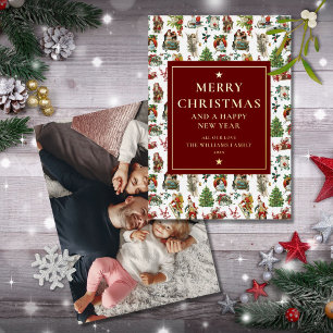 Vintag Retro Weihnachts-Foto Burgundy Gold Folien Feiertagskarte