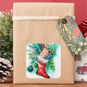 Vintag Retro Weihnachts-Strumpf Weihnachtsaufklebe Quadratischer Aufkleber