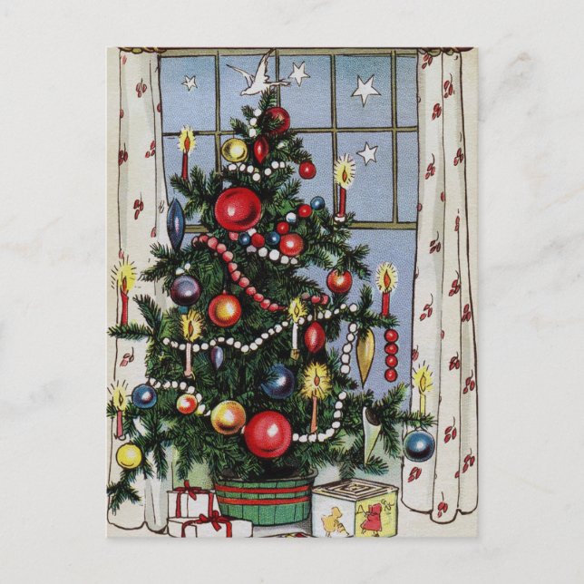 Vintag Retro Weihnachtsbaum mit Ornamenten Postkarte (Vorderseite)