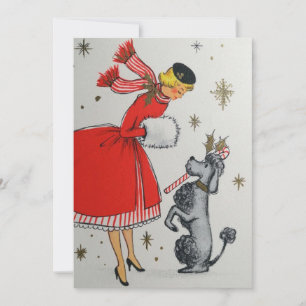 Vintag Retro Weihnachtsfrau mit Poodle Feiertagskarte