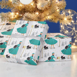 Vintag Retro Weihnachtsfrau mit Scotty Dog Geschenkpapier