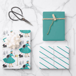 Vintag Retro Weihnachtsfrau mit Scotty Dog Geschenkpapier Set