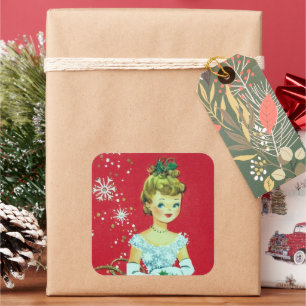 Vintag Retro Weihnachtsfrau Weihnachtsaufkleber Quadratischer Aufkleber