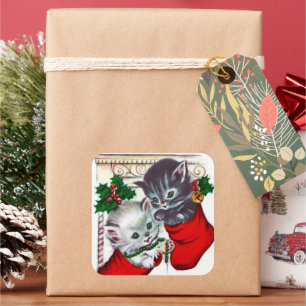 Vintag Retro Weihnachtskatzen Weihnachtsaufkleber Quadratischer Aufkleber
