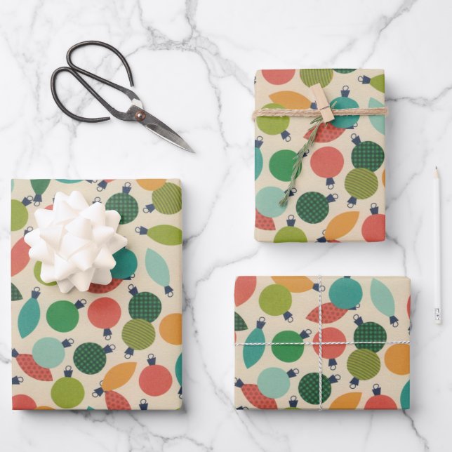 Vintag Retro Weihnachtsschmuck und Lichter Geschenkpapier Set (Vorderseite)