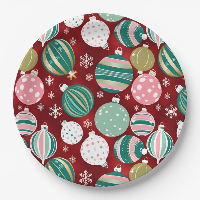 Vintag Retro Weihnachtsschmuck und Schneeflocken Pappteller (Vorderseite)