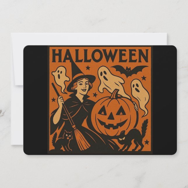 Vintag/Retrokatze, Gespenst, Kürbis & Hexe Einladung (Vorderseite)
