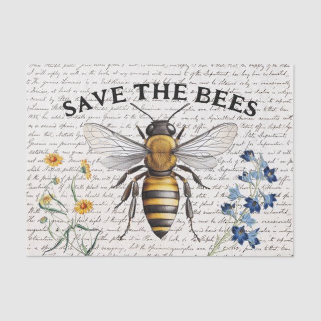 Vintag Rettete der Bienen-Script-Blume Decoupage Seidenpapier (Vorderseite)