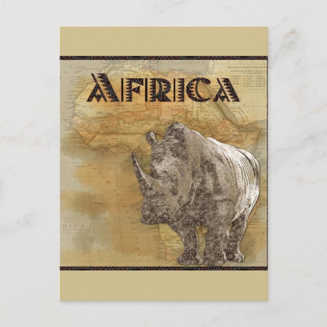 Vintag Rhinoceros Africa Travel Map Postkarte (Vorderseite)