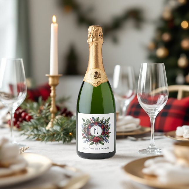 Vintag Rich Kariert Monogram Weihnachtsfeiertag (Vintage Rich Plaid Monogram Christmas Holiday Sparkling Wine Label)