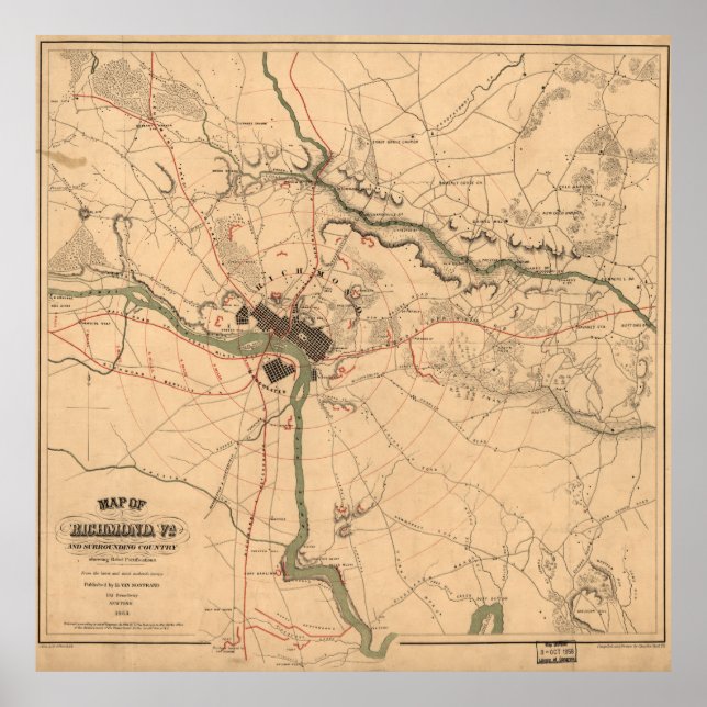 Vintag Richmond VA Rebel Defense Map (1864) Poster (Vorne)