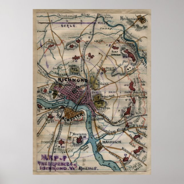 Vintag Richmond Virginia Zivil War Map (1865) Poster (Vorne)