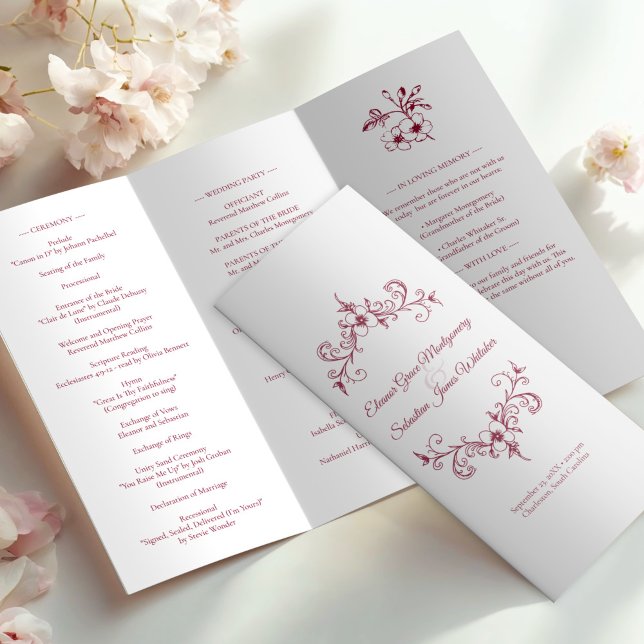 Vintag Romance Burgundy Hochzeitsprogramm (Von Creator hochgeladen)