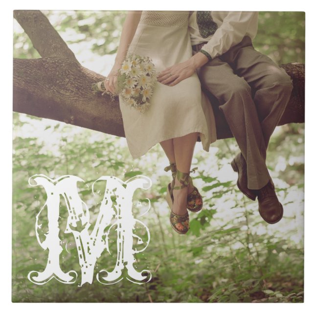 Vintag-Romantische Liebe Couple Monogram Display T Fliese (Vorderseite)