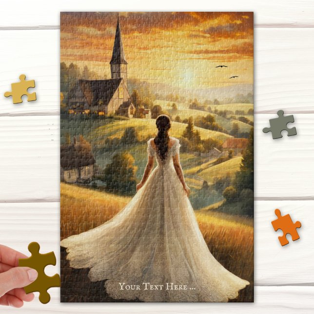 Vintag Romantische Sonnenuntergang Landschaftsbild Puzzle (Puzzle featuring a romantic fine art painting of a lady in a long dress looking at the sunset )