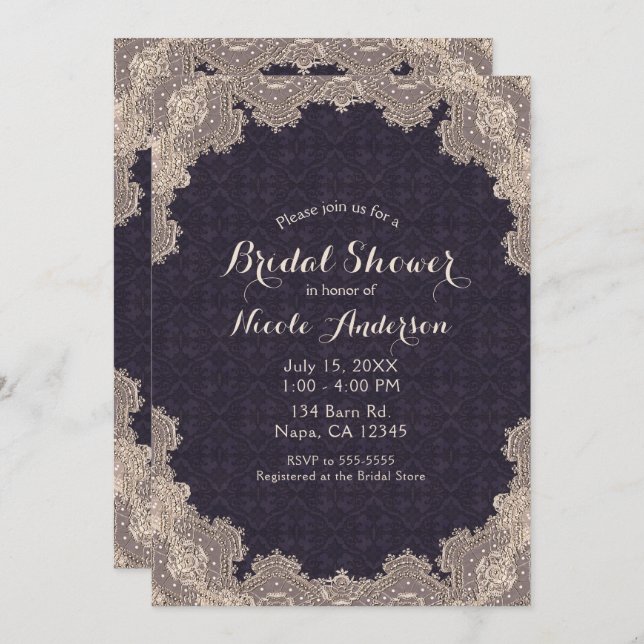 Vintag Romantische Spitzen Lila Elegantes Brautpar Einladung (Vorne/Hinten)