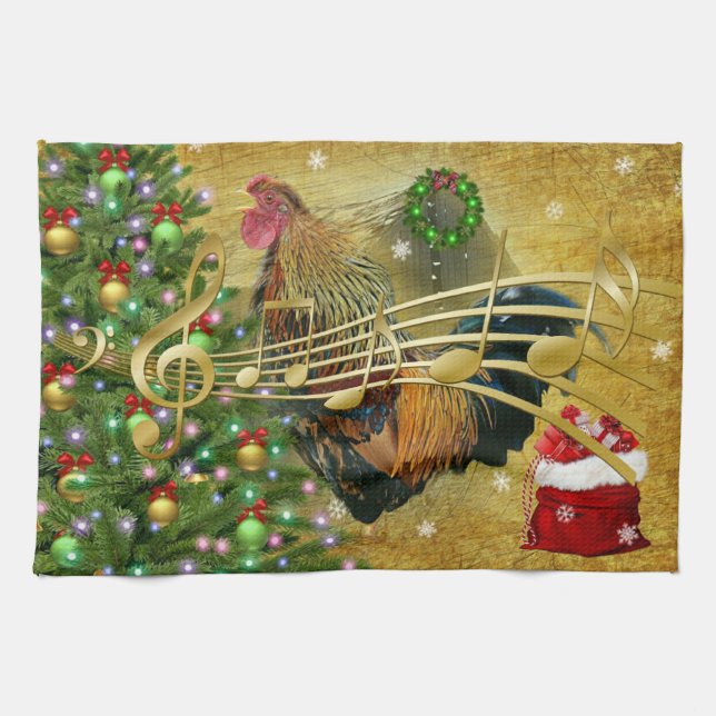 Vintag Rooster Singt Weihnachtslieder Geschirrtuch (Horizontal)