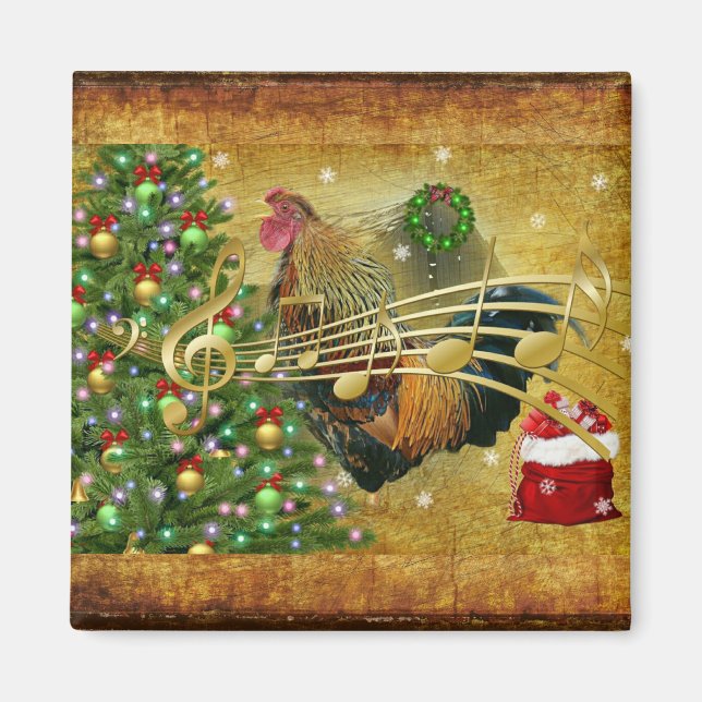 Vintag Rooster Singt Weihnachtslieder Magnet (Vorne)