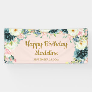 Vintag rosa Aquamarine Creme Floral Happy Geburtst Banner