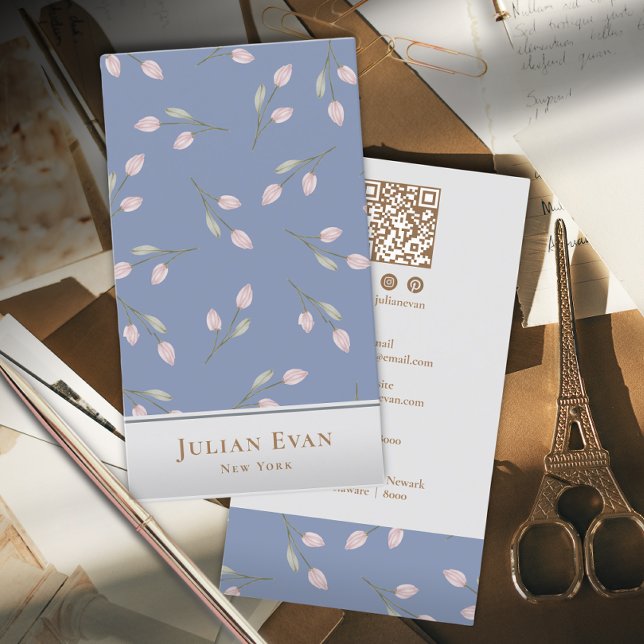 Vintag rosa Blume Dusty Blue Business Card Visitenkarte (Von Creator hochgeladen)