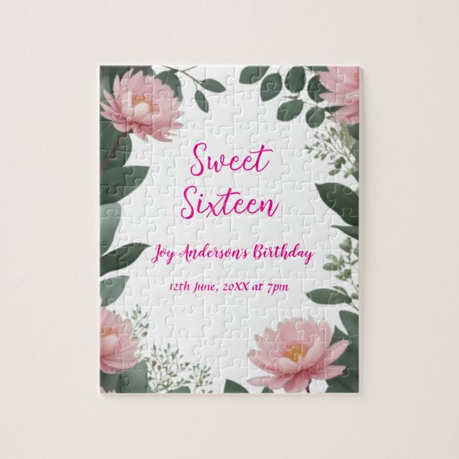 Vintag rosa Blume grüner Eukalyptus 16. Geburtstag Puzzle (Vertikal)