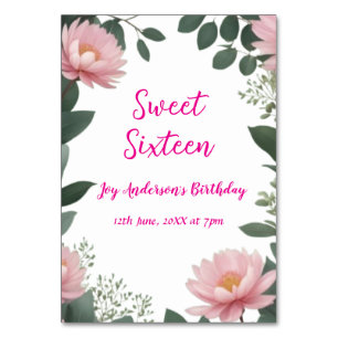 Vintag rosa Blume grüner Eukalyptus 16. Geburtstag Tischnummer