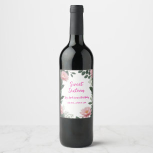 Vintag rosa Blume grüner Eukalyptus 16. Geburtstag Weinetikett
