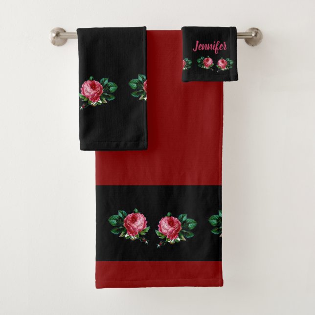 Vintag rosa Blume individuelle Name schwarz Badhandtuch Set (Insitu)