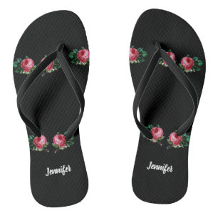 Vintag rosa Blume individuelle Name schwarz Flip Flops