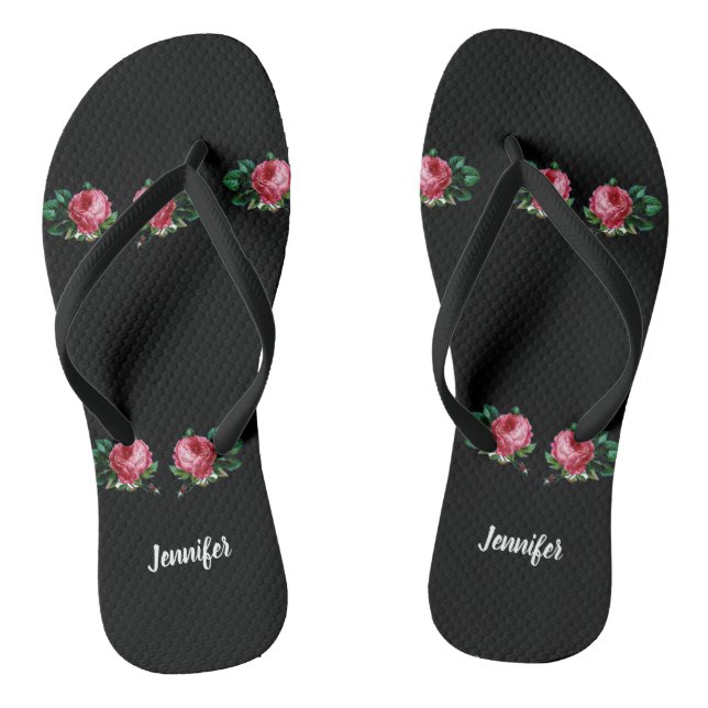 Vintag rosa Blume individuelle Name schwarz Flip Flops (Fußbett)