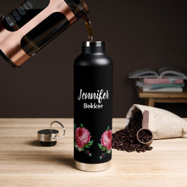 Vintag rosa Blume individuelle Name schwarz Trinkflasche