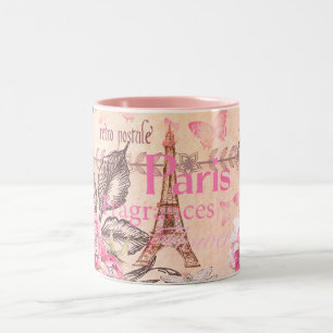 Vintag rosa Blumenschrift Paris Eiffelturm Zweifarbige Tasse