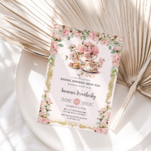 Vintag rosa Blumenstrauß Tee Party Brautparty Einladung