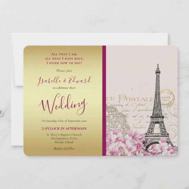 Vintag rosa Blüten Eiffelturm Gold & Burgund Einladung (Vorderseite)