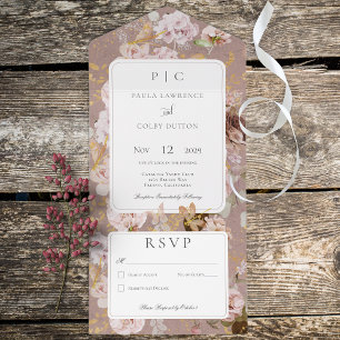 Vintag rosa Blütenröte Monogramm Kein Abendessen All In One Einladung