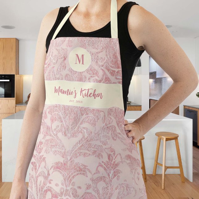 Vintag rosa Damask Elegantes Monogramm-Geschenk Schürze (vintage damask retro pink mom apron christmas gift personalized monogram hostess grandma pretty)