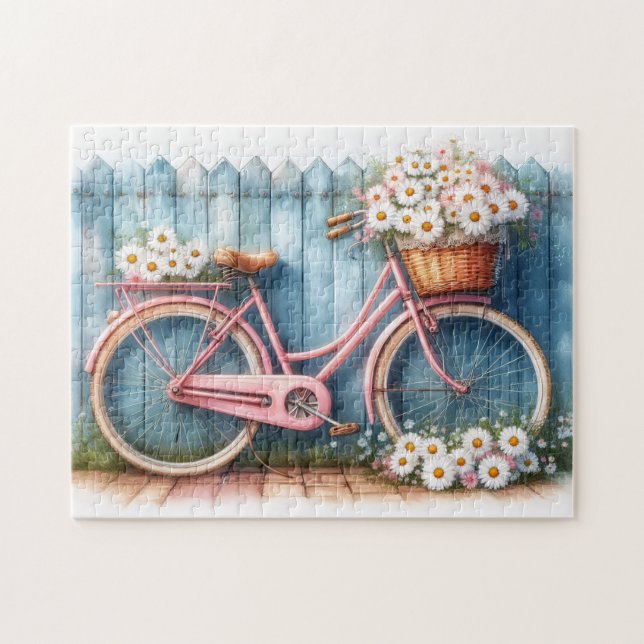 Vintag rosa Fahrrad mit Daisis Puzzle (Horizontal)