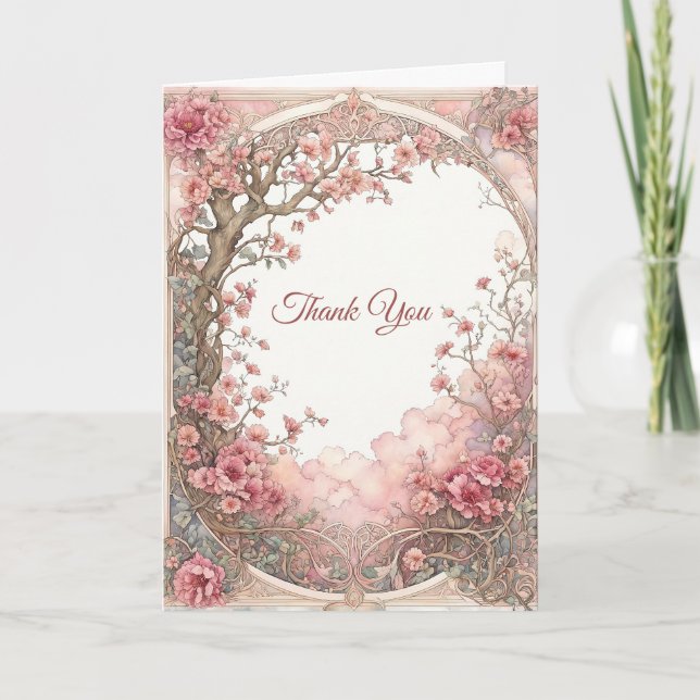 Vintag rosa florale Jugendstil Dankeskarte (Vorderseite)