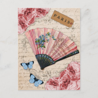 Vintag rosa französischer Lüfter Postkarte
