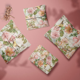 Vintag-Rosa-Gelbe Rosen Botanische Vögel Vertikal Seidenpapier
