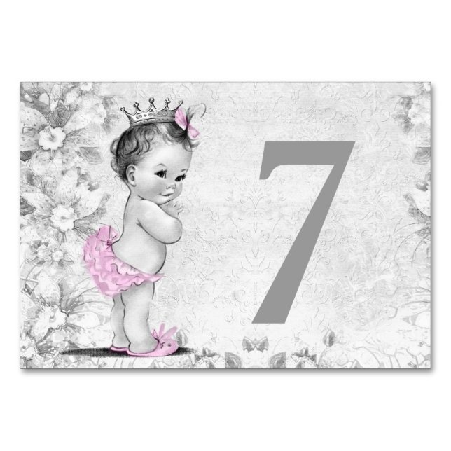 Vintag rosa, graue Babyduschkarte Tischnummer (Vorderseite)