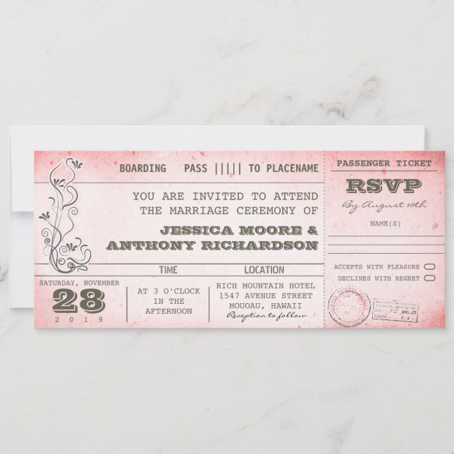 Vintag rosa Hochzeit Boarding Pass Einladungen (Vorderseite)