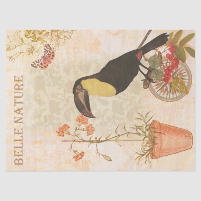 Vintag rosa moderne Blume und Vögel Seidenpapier (Vorderseite)