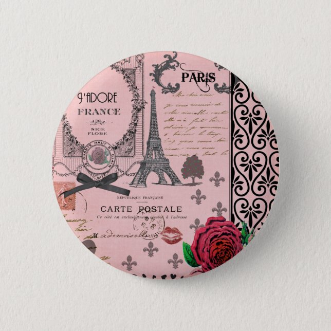 Vintag-Rosa-Paris-Collage Button (Vorderseite)