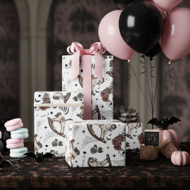 Vintag Rosa Rockpferd Gothic Geschenkpapier (Gothic Halloween Baby Shower for Baby Girl Wrapping Paper. Spooky Vintage Pink Rocking Horse Pattern)