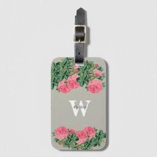 Vintag rosa Rosa auf grauem Monogramm Gepäckanhänger
