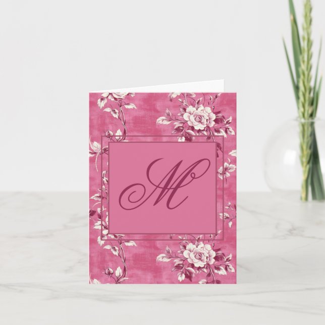 Vintag rosa Rosa Floral Monogramm Dankeskarte (Vorderseite)