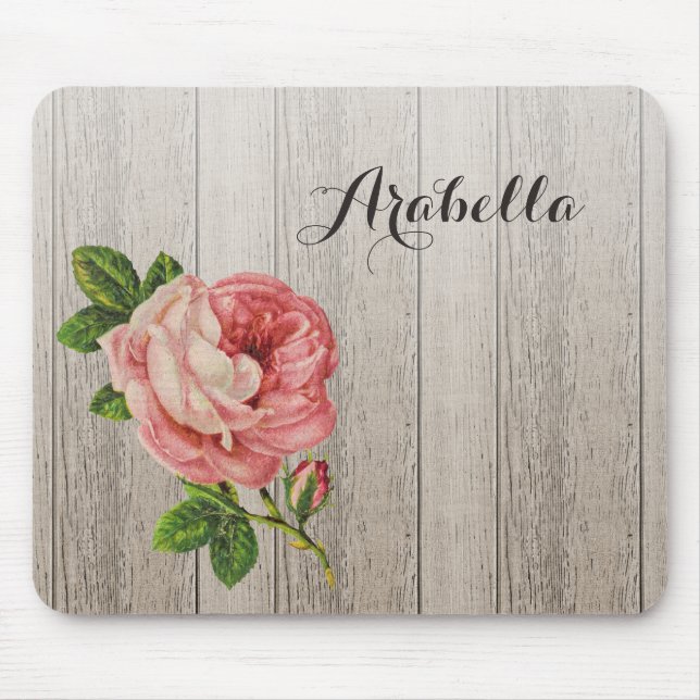 Vintag rosa Rose aus rustikalem, wetterfestem Holz Mousepad (Vorne)