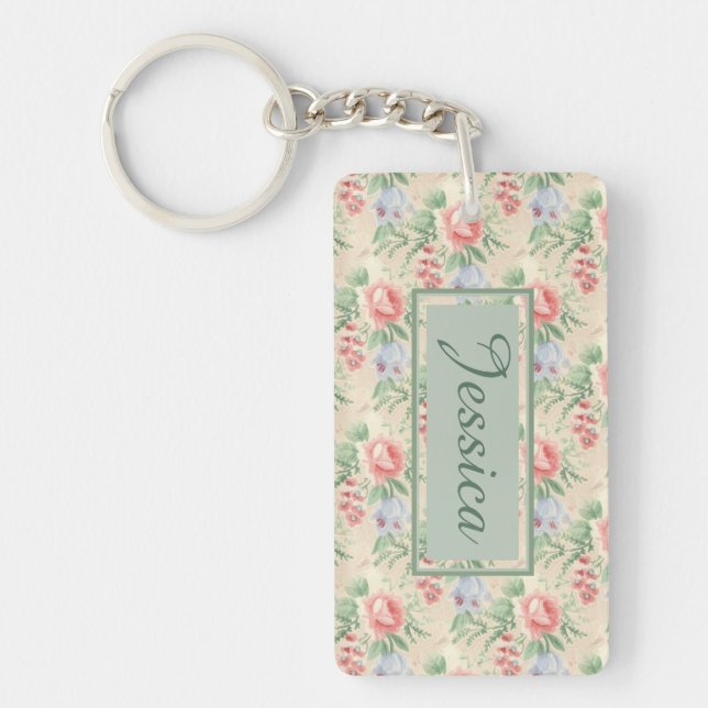 Vintag rosa Rose Blume Muster Personalisiert Schlüsselanhänger (Vorderseite)