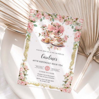 Vintag Rosa Rose Blumenstrauß Tee Party Geburtstag Einladung